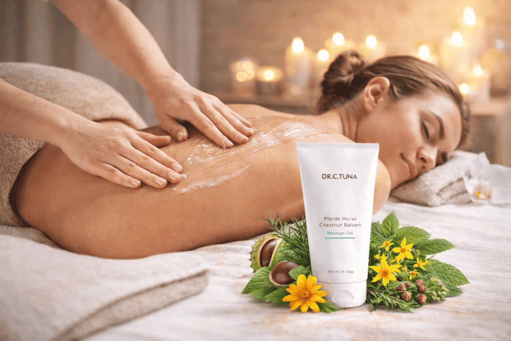 Uso del bálsamo Pferde Dr. C. Tuna en un masaje relajante para músculos cansados y tensos