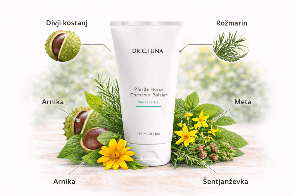 Bálsamo Pferde Dr. C. Tuna: gel de masaje de castaño de indias para la relajación muscular