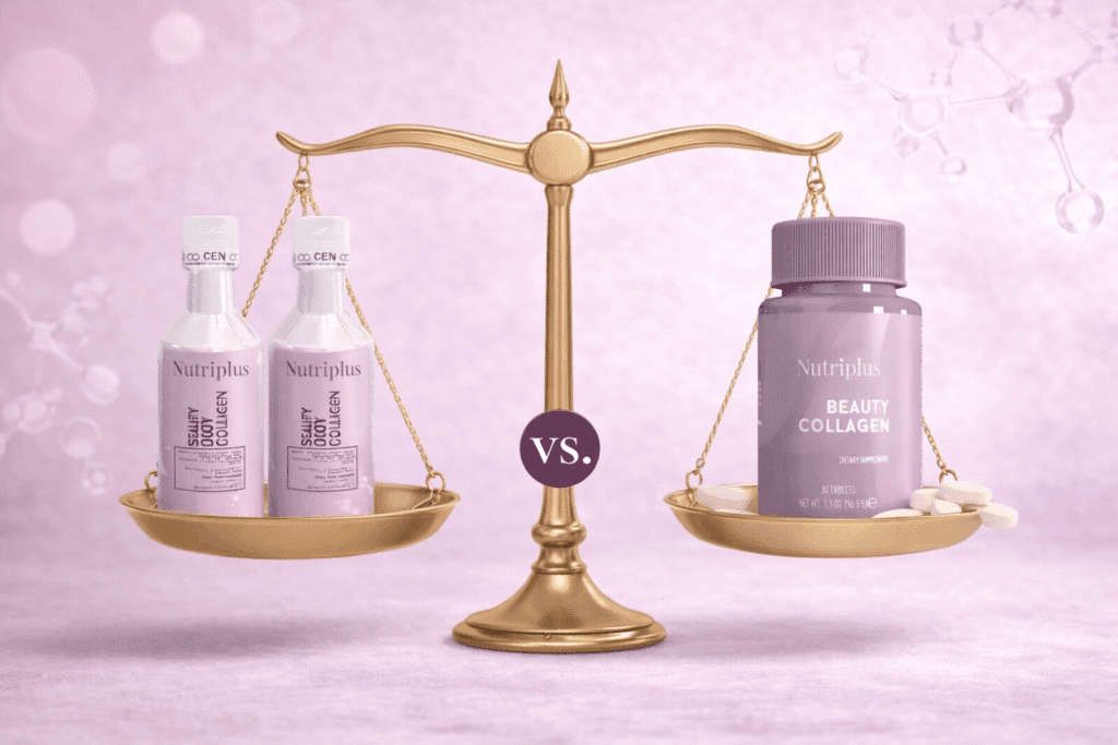 Comparación entre Nutriplus Colágeno en forma líquida y Beauty Colágeno en comprimidos en la báscula