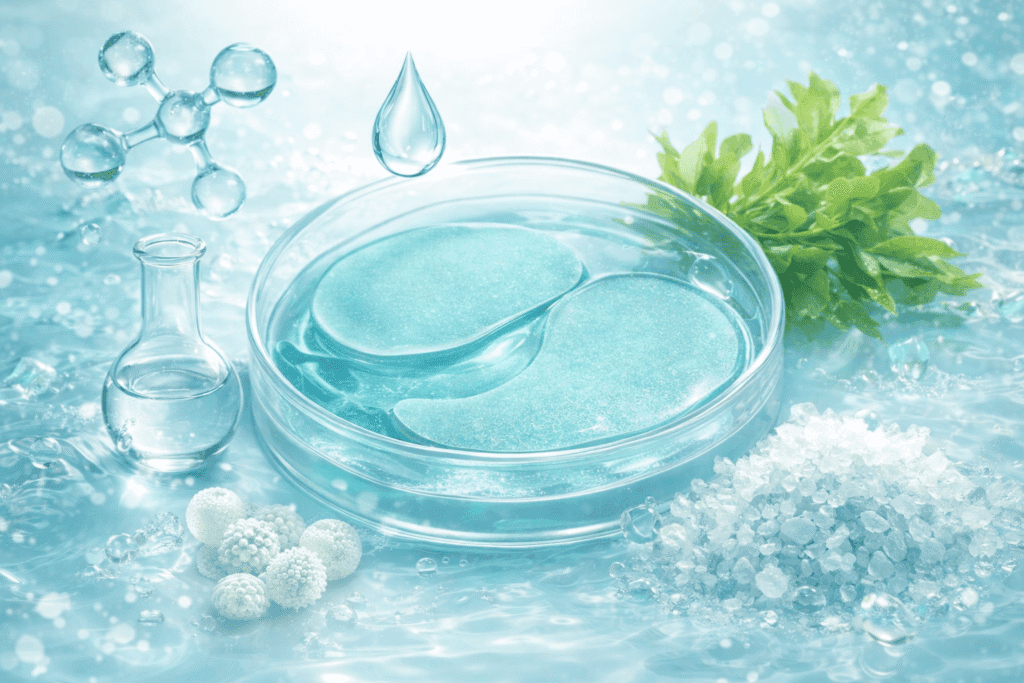 Ingredientes de los parches de hidrogel para ojos con algas, ácido hialurónico y agentes hidratantes