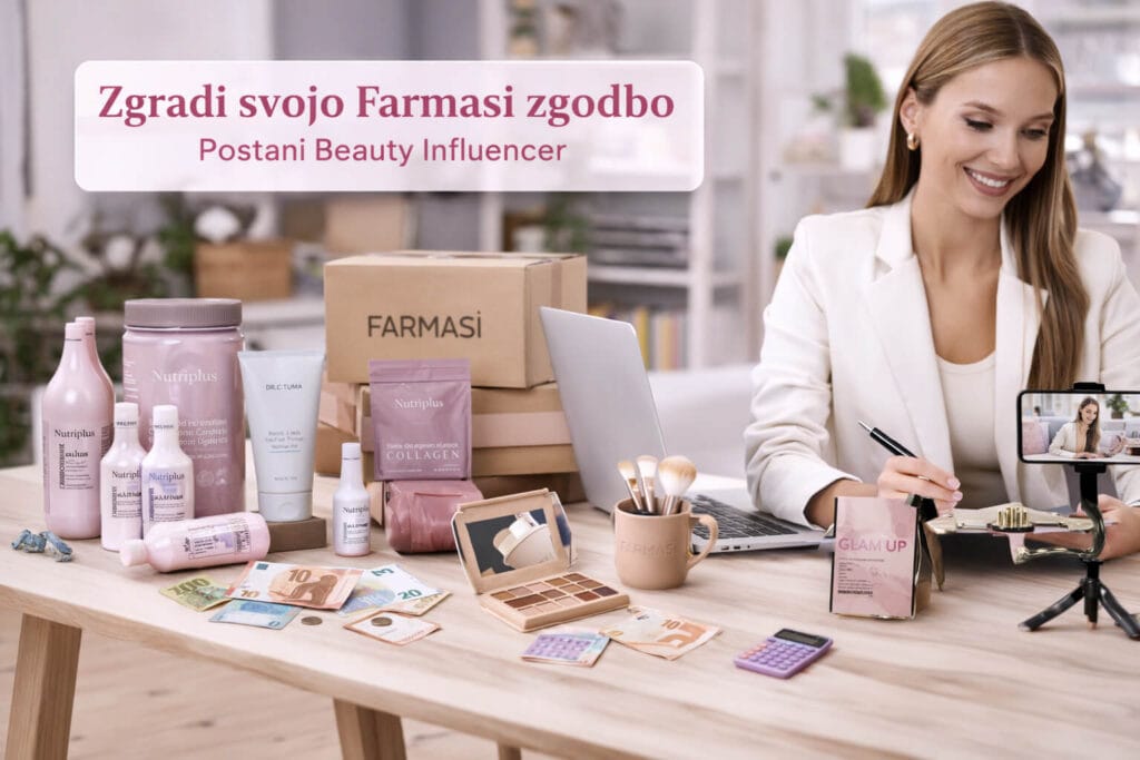 La Influencer de Belleza Farmasi trabaja desde casa en un entorno de oficina doméstica con productos Farmasi reales sobre el escritorio