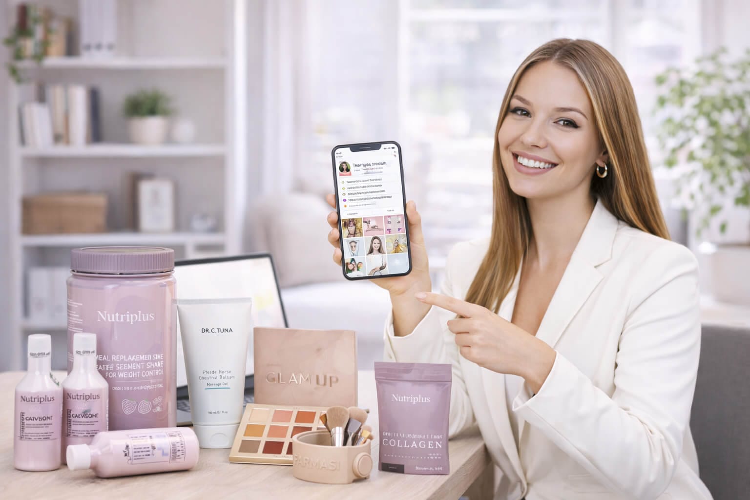 Cómo ganar dinero con Farmasi como principiante - influencer con productos en un entorno de oficina en casa