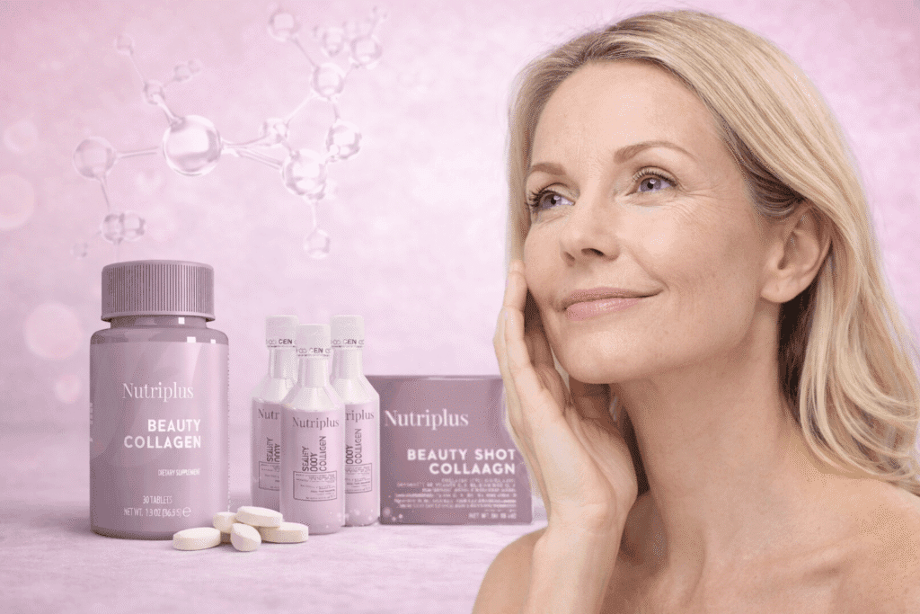 Una mujer de más de 30 años con la piel nutrida y los productos Nutriplus Beauty Colágeno al fondo 