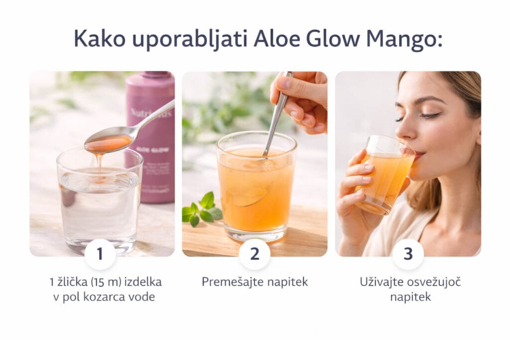 Modo de empleo Farmasi Nutriplus Aloe Glow Mango - 1 cucharadita de bebida en medio vaso de agua